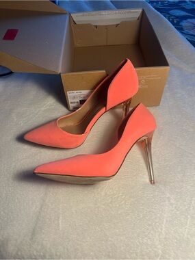 Call It Spring Coral Pointed Stiletto Pumps with Metallic Heel